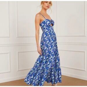 FORE Blue Floral Cotton Tiered Midi Dress Cutout Ring Detail DI8291FO Womens S